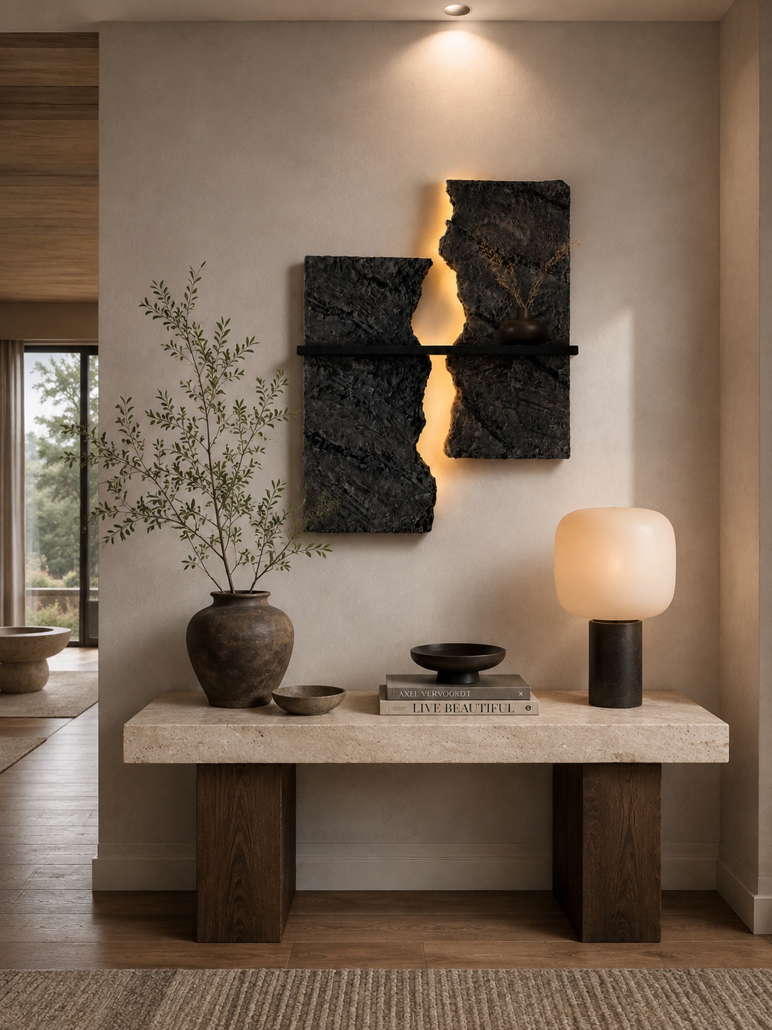 Illuminated black stone-inspired wall art by Judy Quinn in a warm, modern interior